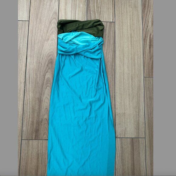 blue/green Satin Strapless Cut Out Midi Dress size small - Picture 5 of 6